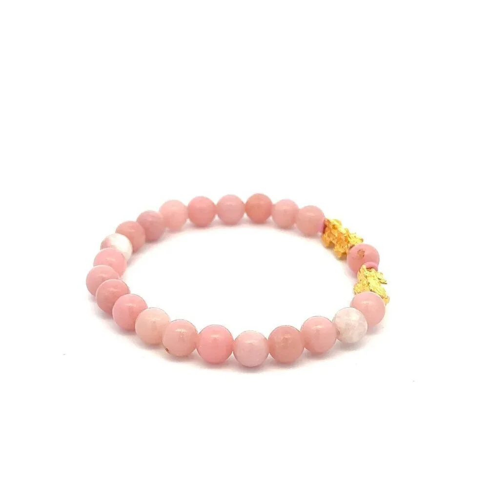 18K Gold Dragon Pixiu Double Piyao Lucky Charm Bracelet Gemstones Pink Opal 6mm - Picture 6 of 7